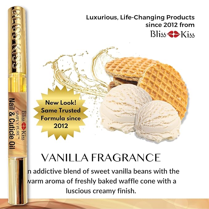 Bliss Kiss | 1 Vanilla Fragrance | Nail Oil Cuticle Pen w/Vitamin E & Jojoba⏤Nail Strengthener Nail Growth Serum for Brittle Peeling Breaking Thin Nails