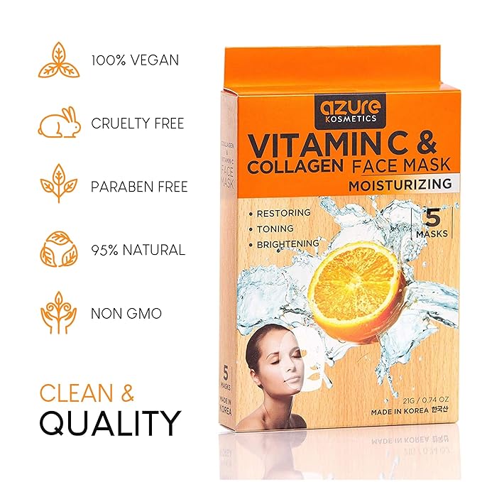 Azure Cosmetics Vitamin C & Collagen Face Mask - Dermatologist Tested Moisturizing Sheet Mask for Dry Skin - Firms, Tones & Smooths Fine Lines - K-Beauty Skincare - Made in Korea - Pack of 10