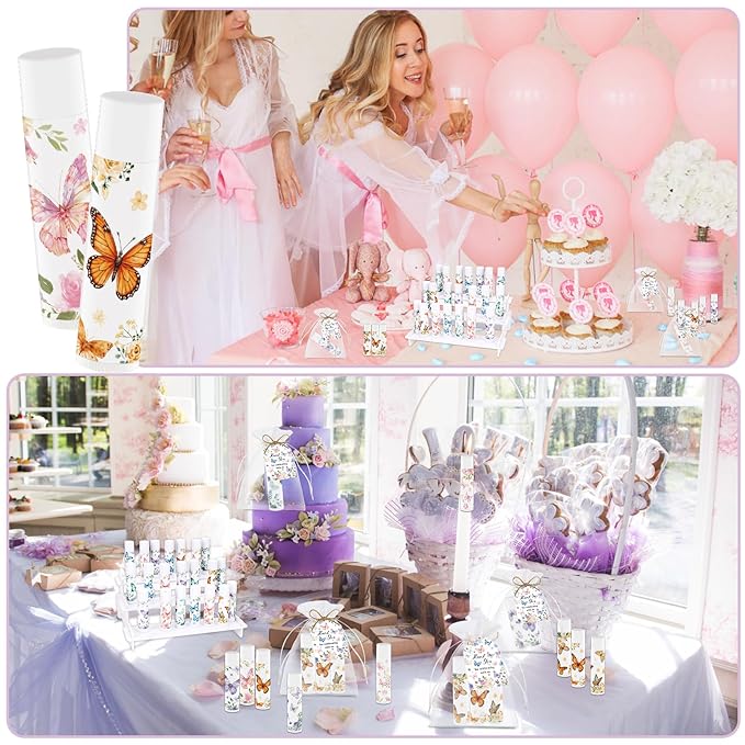 50Pcs Butterfly Baby Shower Favors Lip Balm Bulk Thank You Gift for Women Staff Moisturizing Lip Care with Organza Bag and Tag for Bridal Shower Mother's Day Party Favor Supplies (Butterfly)