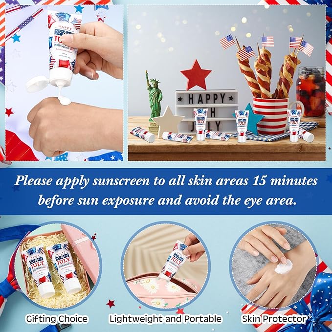 24 Pcs Mini Sunscreen Bulk for Summer Wedding Party Spf 30 Water Resistant Sunscreen Lotion Bulk 1oz Travel Size for Thank You Gifts Wedding Party Supplies(White Cream,Independence Day)