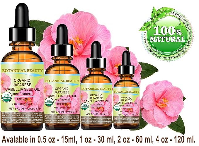 Botanical Beauty Japanese ORGANIC CAMELLIA Seed Oil. 100% Pure Natural Undiluted Refined Cold Pressed Carrier Oil to revitalize and rejuvenate the hair, skin and nails. 1 Fl. oz 30 ml