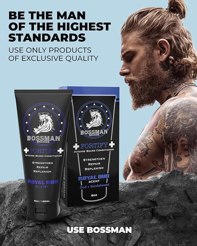 Bossman Fortify Intense Beard Conditioner for Men (Royal Oud Scent) – Moisturizes, Replenishes & Protects with Natural Ingredients – Thicker Formula, Made in USA