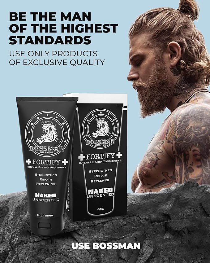 Bossman Fortify Intense Beard Conditioner for Men (Naked - Unscented) – Moisturizes, Replenishes & Protects with Natural Ingredients – Thicker Formula, Made in USA