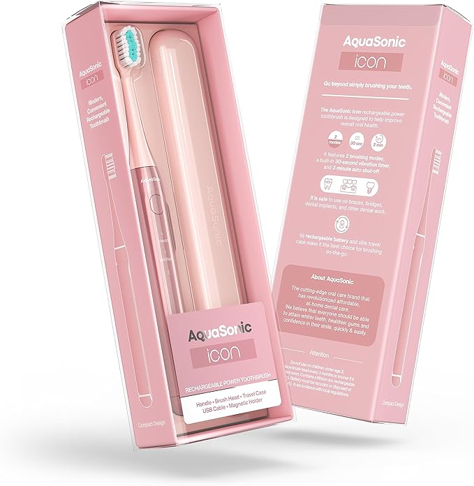 Aquasonic Icon ADA-Accepted Rechargeable Toothbrush | Magnetic Holder & Slim Travel Case | 2 Brushing Modes & Smart Timers | Gentle Micro-Vibrations (Blush)