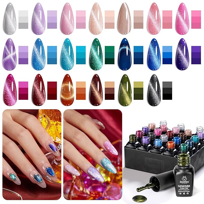 Beetles Cat Eye Gel Nail Polish Set - 20 Colors Nude Pink Green Blue Red Brown Black Magnetic Gel Polish Base Gel Matte Glossy Top Coat Lush Velvet Soak Off UV Manicure Salon DIY Gift for Women