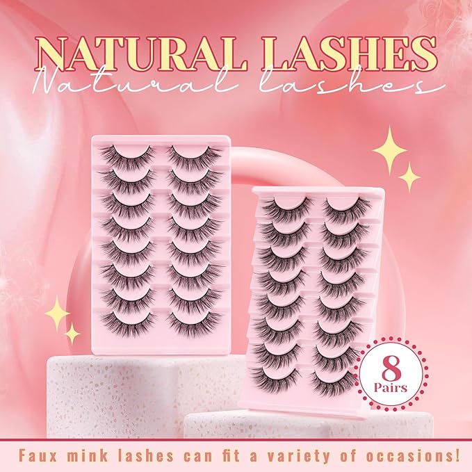 Ahrikiss Lashes Wispy False Eyelashes Natural Look Cat Eye Lashes 8 Pairs Faux Mink Lashes Fluffy Fake Eyelashes Lightweight Soft Strip Lashes (Ethereal Only)