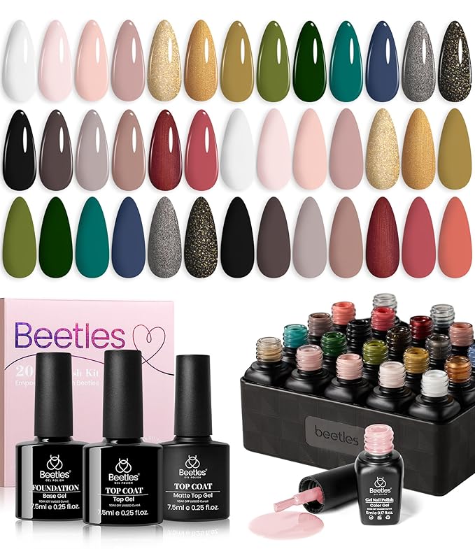 Beetles Fall Gel Nail Polish Kit with Base Top Coat, Neutral Nude Brown Pink Grey Green White Black Glitters Gel Polish Set Soak off UV Led Nail Art Winter Manicure Gift for Women