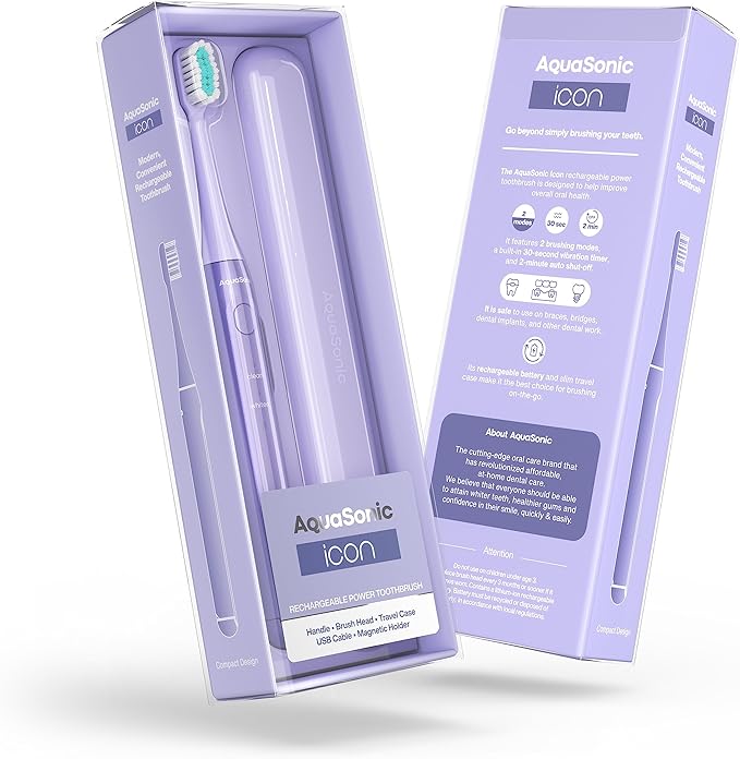 Aquasonic Icon ADA-Accepted Rechargeable Toothbrush | Magnetic Holder & Slim Travel Case | 2 Brushing Modes & Smart Timers | Gentle Micro-Vibrations (Lilac)