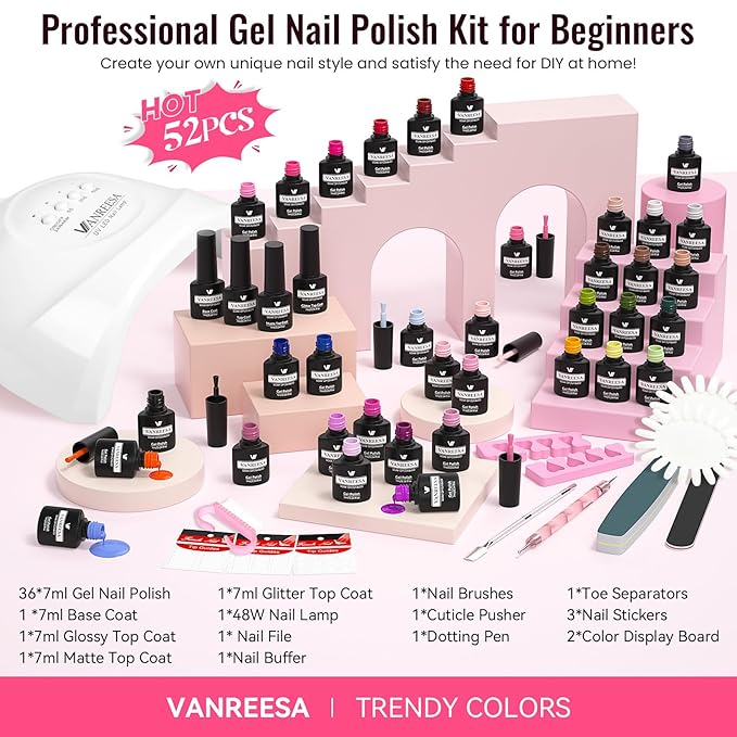 VANREESA Gel Nail Polish Kit with U V Light 52 Pcs Gel Polish Nail Set 36 Colors Nail Polish Set + Base and 3 Effects Top Coat with Manicure Tools Complete DIY Nail Kit Gifts for Women Girls