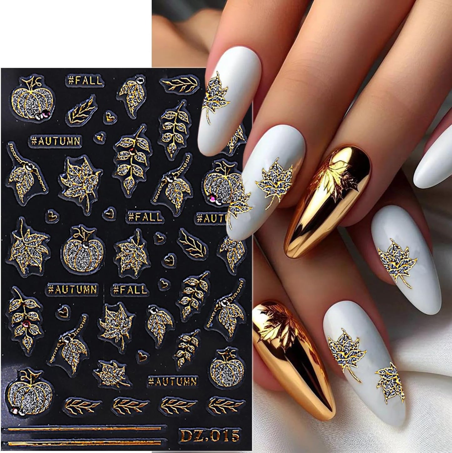 2 Sheets Fall Nail Stickers for Nail Art Glitter Gold Leaf Nail Art Stickers Embossed Autumn Pumpkin Nail Decals 5D Self-Adhesive Diamond Nail Design Sticker for Women Thanksgiving Nails Decoration