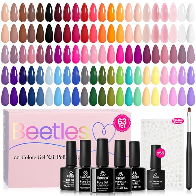 Beetles Fall Gel Nail Polish Set - 63 PCS 55 Colors Gel Polish Kit with 5 Bottles of Base Glossy Matte Top Coat Soak off Nail Polish Set Orange Brown Pink Green Blue Red Halloween Gifts for Women