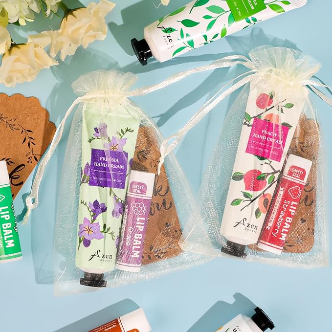 AZEN 120 Sets Bulk Gifts, Hand Cream and Lip Balm Bulk Set with Organza Bag Thank You Card, Baby Shower Wedding Gifts for Guests, Bridal Wedding Favors for Guests,Thank You Gifts for Women