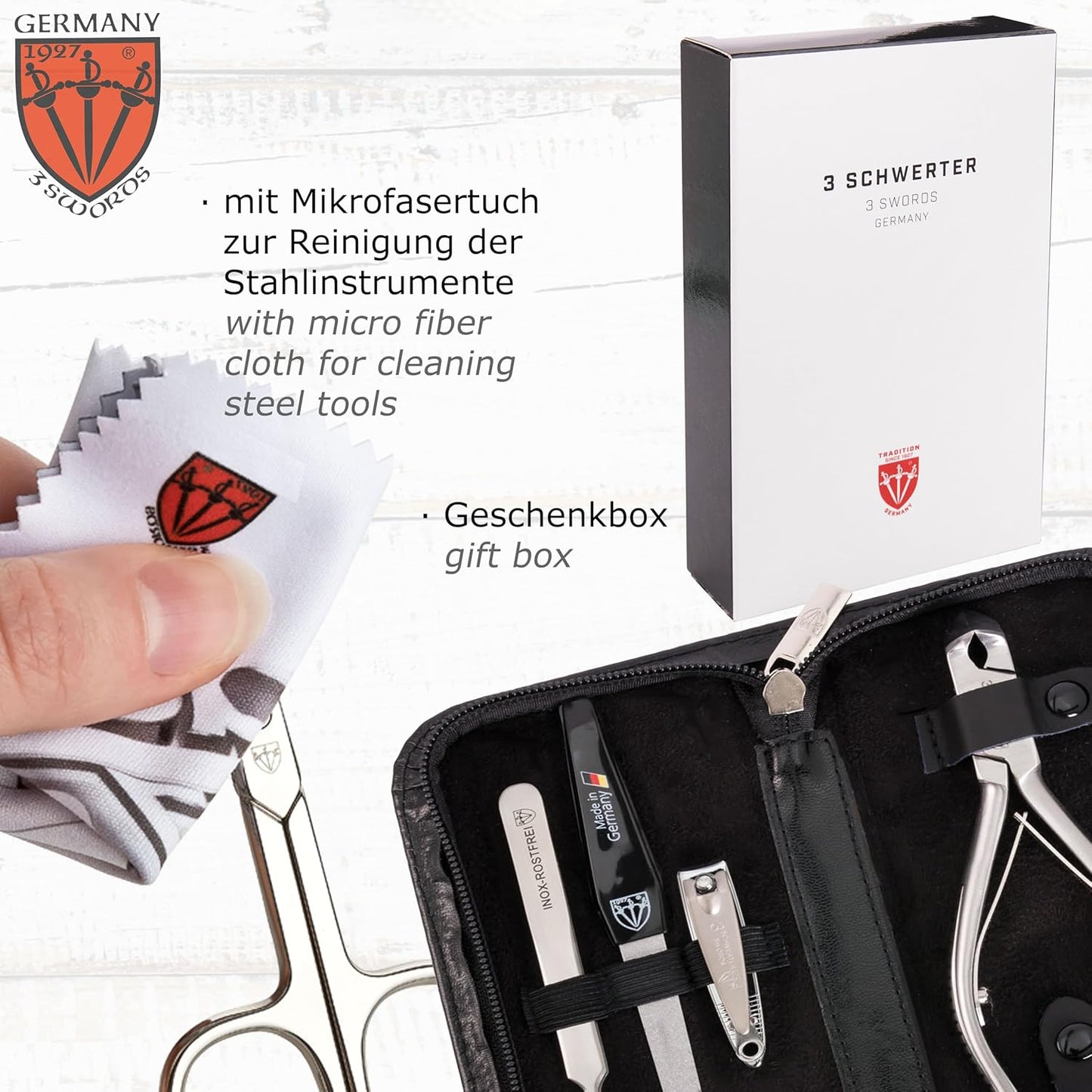 3 Swords Germany - Brand Quality Professional Toe Nail Nipper Set Stainless Steel INOX Wave Nipper, Head Cutter, Nail File Finger Clipper, Tweezers with case for ingrown Toe Nails by 3 Swords (202)