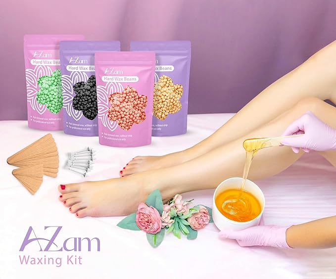 AZAM Hard Wax Beads,Hot Wax Beads,Hair Removal for Full Body4X100G Painless Hard Wax Beans with 10 large applicators 10 smaller ones, 10 nose sticks, Professional Wax Beads for Eyebrow, Bikini