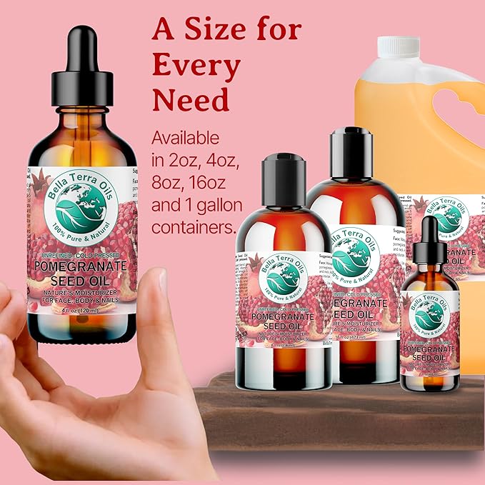 Bella Terra Oils - Organic Pomegranate Seed Oil 16 oz - Revel in The Essence of Punicic Acid & Ellagic Acid, Nature’s Gift for Radiant & Nourished Skin