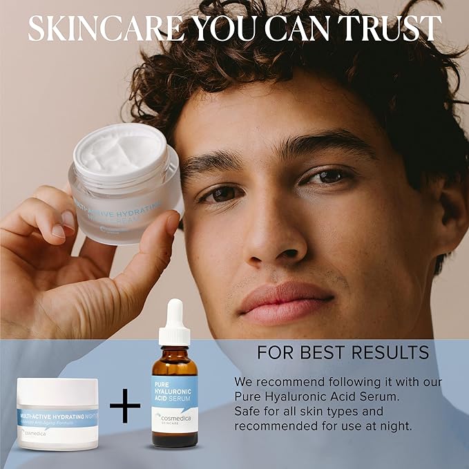 Cosmedica Skincare Multi-Active Hydrating Night Cream - Revitalizing Overnight Moisturizer & Anti-Aging Cream for Face and Neck with Hyaluronic Acid, Organic Shea, Glycolic Acid and Vitamin E 2 oz