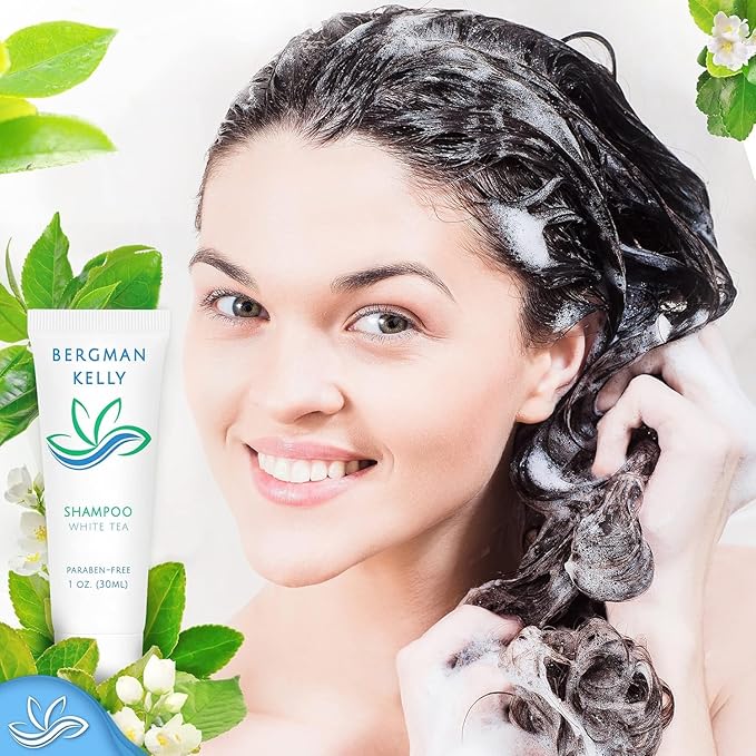 BERGMAN KELLY - Travel Size Hotel Shampoo - 1 fl oz, 200 PK, White Tea - Delight Your Guests with Revitalizing & Refreshing Hair Cleanser for Guest Hospitality - Mini & Small Size Shampoo in Bulk