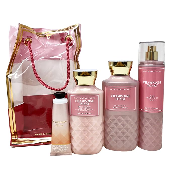 Bath and Body Works CHAMPAGNE TOAST Gift Bag Set - Body lotion - Shower Gel and Fine Fragrance Mist Plus a Shea Butter Hand Cream arranged inside a transparent gift bag