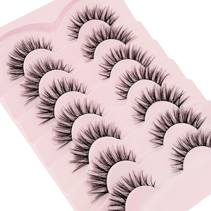 Cat Eye Lashes False Eyelashes Natural Look, Yasnai Wispy Fake Lashes Volume Lashes, Strips Lashes Natural Eyelashes Clear Band 6 Pairs Pack