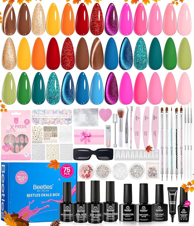 Beetles Fall Gel Nail Polish Set - Gift Box Wandering Peace Collection 20 Colors Gel Polish Kit 75 PCS Blue Red Black Purple Glitter Cat Eye Glitter Glossy Matte Top Coat Halloween Gifts for Women