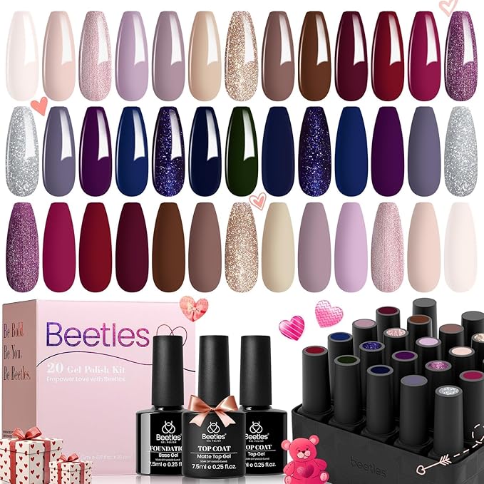 beetles Gel Nail Polish Set 20 Colors Fall Winter Neutral Shimmer Red Nude Brown Gel Polish Kit with Base Matte and Glossy Top Coat Soak off Uv Lamp Manicure Set Gift for Women Sophisticated Charm