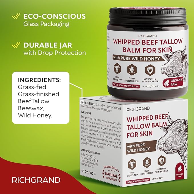 Beef Tallow for Skin – Whipped Tallow and Honey Balm with Grass-Fed Beef Tallow – Organic Daily Tallow Face Moisturizer & Body Balm – Deep Nourishment for Dry, Cracked, Sensitive Skin - 4.3 OZ