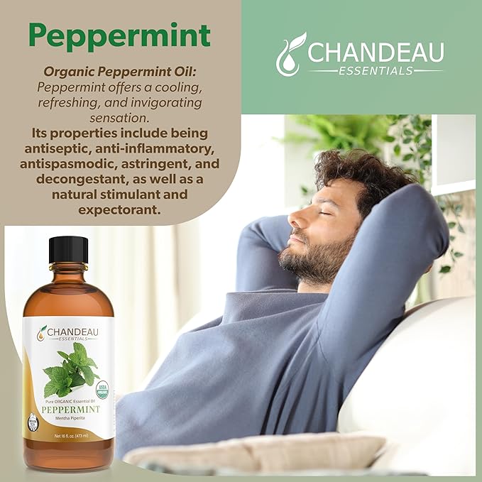 100% Pure Organic Essential Oil, Pure Peppermint Essential Oil for Aromatherapy, Soap Making, Candles, Laundry, Perfume, Cleaners or Diffusers - Large Amber Glass Bottle, 16 oz.