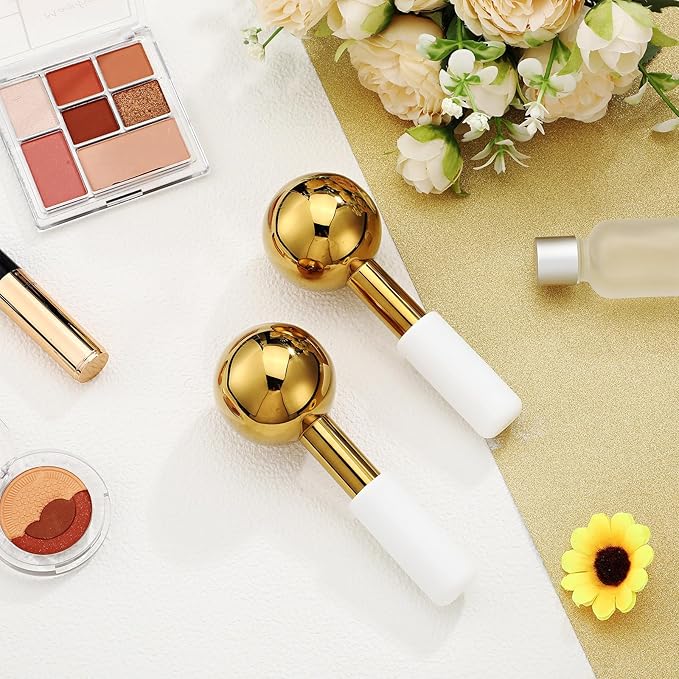 Baderke 2 Pcs Ice Globes for Face Stainless Steel Cooling Globes Unbreakable Cooling Roller Women Ice Balls Cryo Sticks Face Skin Care for Dark Circles, Puffiness(Gold (white Handle))