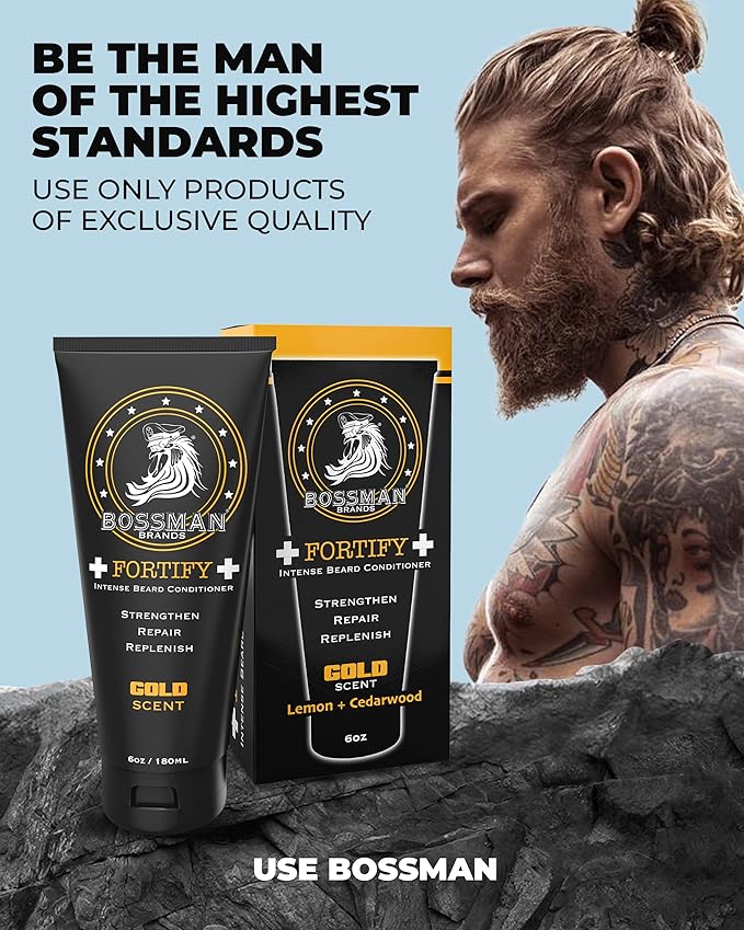 Bossman Fortify Intense Beard Conditioner for Men (Gold Scent) – Moisturizes, Replenishes & Protects with Natural Ingredients – Thicker Formula, Made in USA
