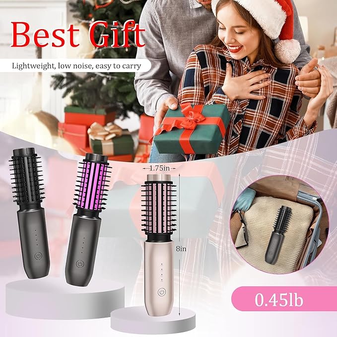 Cordless Hair Curling Iron Brush, Travel Curl Brush, 3-in-1 Portable Curling Iron Cordless, Plasma Thermal Hair Brush, 7000mAh USB Rechargeable Curling Wand, Mini Hot Curlings Brush-Blush Pink