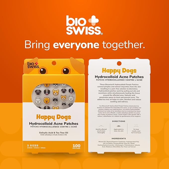 BioSwiss Pimple Patches, Happy Dog Patch for Zits and Blemishes, Hydrocolloid Spot Stickers for Face and Skin, 100 Count