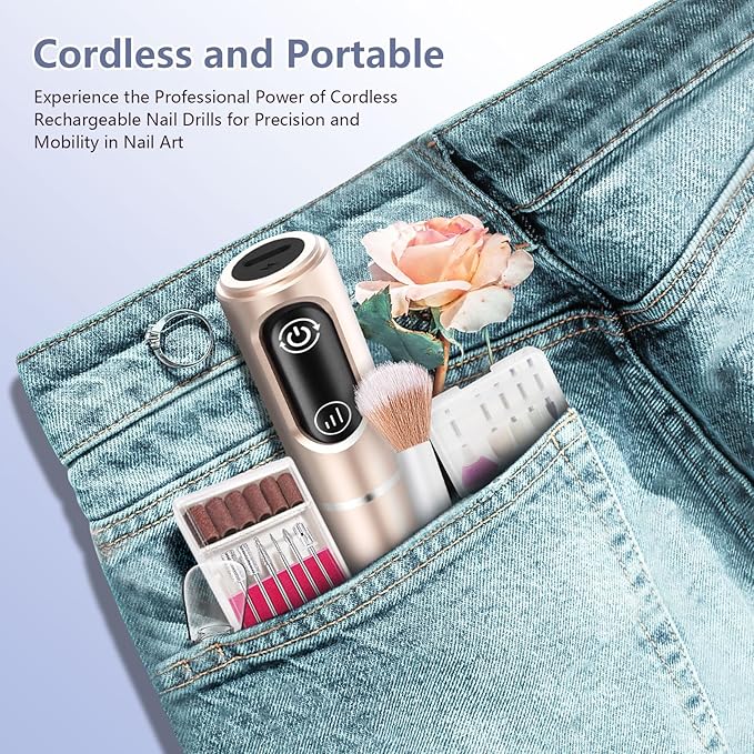Cordless Nail Drill Electric Rechargeable File Kit, Professional Efile Acrylic Gel Nail Polish Remover Pedicure Manicure Machine Portable Set with 11 Bits 56 Sanding Bands for Salon Home (Gold)