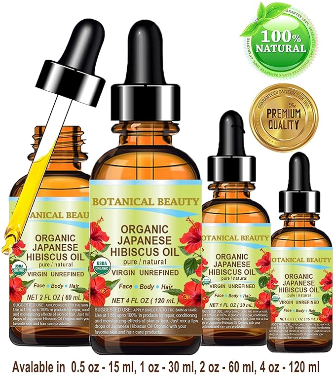 Botanical Beauty Organic HIBISCUS OIL (Hibiscus Sabdariffa) JAPANESE 100 Pure Natural VIRGIN UNREFINED COLD PRESSED Anti Aging, Vitamin E oil for FACE, SKIN, HAIR GROWTH 1 Fl.oz.- 30 ml