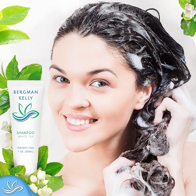 BERGMAN KELLY - Travel Size Hotel Shampoo - 1 fl oz, 100 PK, White Tea - Delight Your Guests with Revitalizing & Refreshing Hair Cleanser for Guest Hospitality - Mini & Small Size Shampoo in Bulk