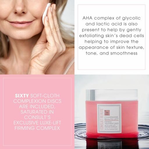 Consult Beaute - Champagne Lift Face Firming Treatment Disc - Firming and Exfoliating Pads - Rejuvenate Sagging Skin - Pre-Soaked Wipes - Disposable - Peptides - Grape Seed Extract - 60 Count (2Pack)