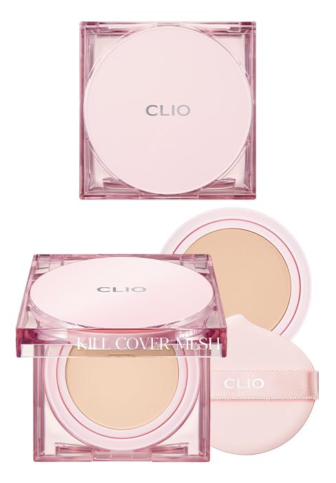 CLIO Kill Cover Mesh Glow Cushion Foundation ([Refill Included] 15g*2, 21C LINGERIE), Glass Skin, Long-Lasting, Lightweight, Buildable Coverage, Glowy Skin Makeup