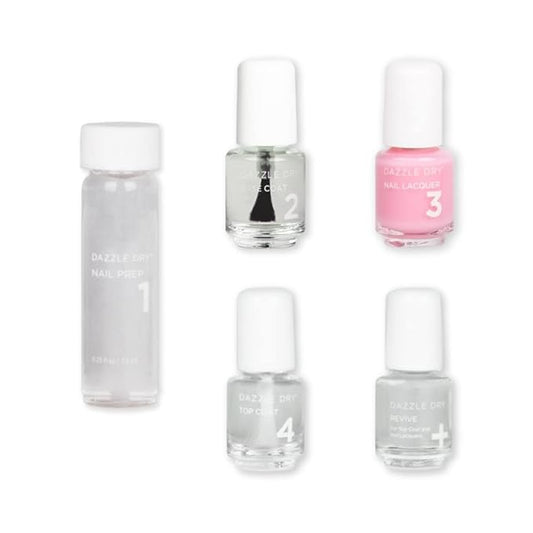 Dazzle Dry Mini Kit 4 Step System - Pinkie's Up, a semi-sheer, pink that's flirty yet formal. Sheer cream. (5 Piece Kit / 5 Manicures)