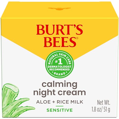 Burt's Bees Back To School Dorm Essentials, Calming Night Cream, With Aloe and Rice Milk, Face Moisturizer For Sensitive Skin, 98.8 Percent Natural Origin, 1.8 oz. Tub