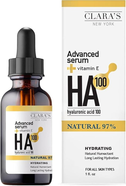 CLARA'S NEW YORK Glycolic Acid Facial Serum with Vitamin E for Exfoliating Smoothing Glowing Face Skin - Made in USA 30ml (1Fl/Oz) (Hyaluronic Acid 100)