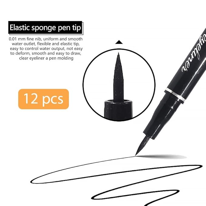 12-Pieces Matte Liquid Eyeliner Pens Set, Eye Ink Liner Makeup, Quick Drying, Smudge-Resistant, Vegan Formula (Pack of 12) (Black)