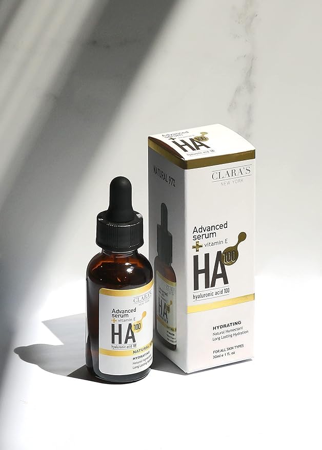 CLARA'S NEW YORK Glycolic Acid Facial Serum with Vitamin E for Exfoliating Smoothing Glowing Face Skin - Made in USA 30ml (1Fl/Oz) (Hyaluronic Acid 100)