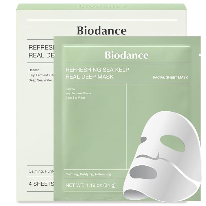 BIODANCE Refreshing Sea kelp Real Deep Mask, Overnight Hydrogel Mask, Calming, Oil & Sebum Control, Blemish Care 1.19oz(34g) x 4ea