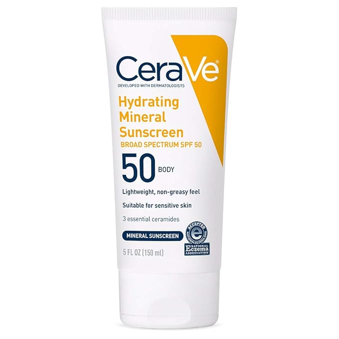 CeraVe 100% Mineral Sunscreen SPF 50 with Zinc Oxide & Titanium Dioxide, Hyaluronic Acid & Ceramides, Oil Free & Non-Greasy, Hydrating Mineral Sunscreen For Body, 5 oz