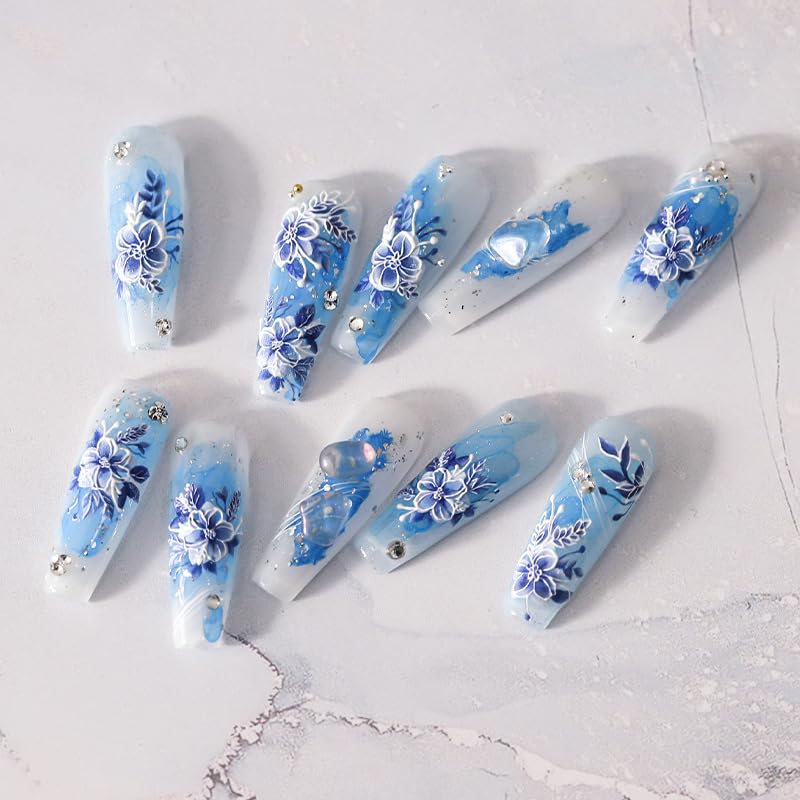 5D Embossed Nail Stickers Flower Nail Art Stickers Decals Self-Adhesive Floral Nail Supplies Blue Floral Leaf Nail Art Design Decorations Nail Art Decals for Women