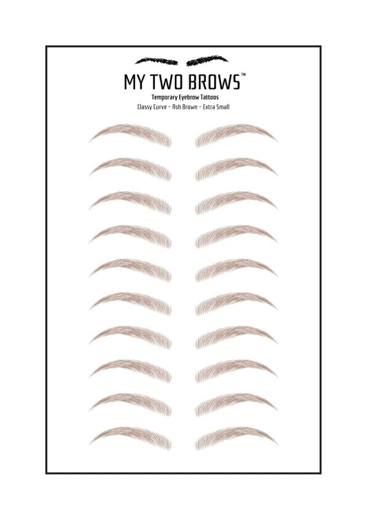 (10 pairs) Ash Brown Temporary Eyebrow Tattoo - Extra Small Size - Waterproof & Smudgeproof - Classy Curve Style Eyebrow Stickers - Sheet Lasts up to 30 Days - Won't Work on Existing Brows