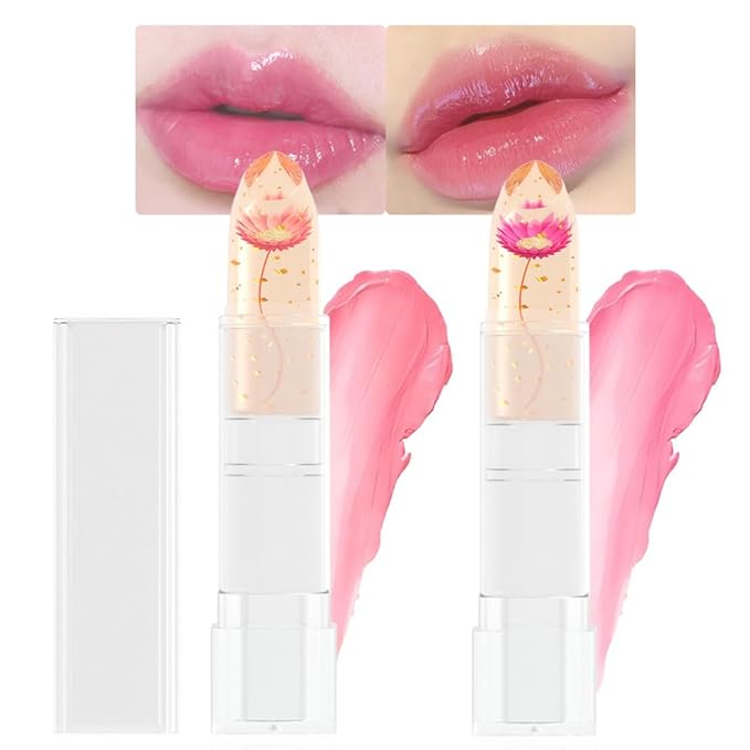 BINGBRUSH 2 Pcs Crystal Flower Jelly Color Changing Lipstick,Long Lasting Lip Care Moisturizer Lip Balm Magic Lip Gloss Lip Tint Stain Matte Makeup Lipstick (01#Pink&02#Rose red)