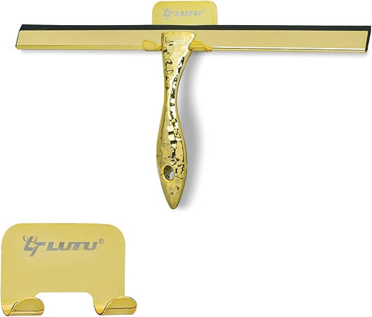 All-Purpose Silicone Shower Squeegee for Shower Glass Door,with 1 Hooks,for Bathroom Glass, Car, Tile Wall, Mirror Cleaning - Flower Shaped Handle for Easy-Grip 10 Inch Golden