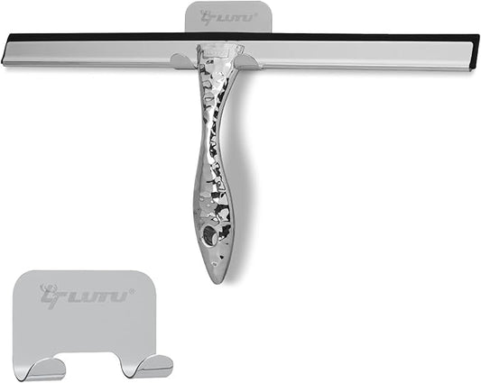 All-Purpose Silicone Shower Squeegee for Shower Glass Door,with 1 Hooks,for Bathroom Glass, Car, Tile Wall, Mirror Cleaning - Flower Shaped Handle for Easy-Grip 14 Inch Silver