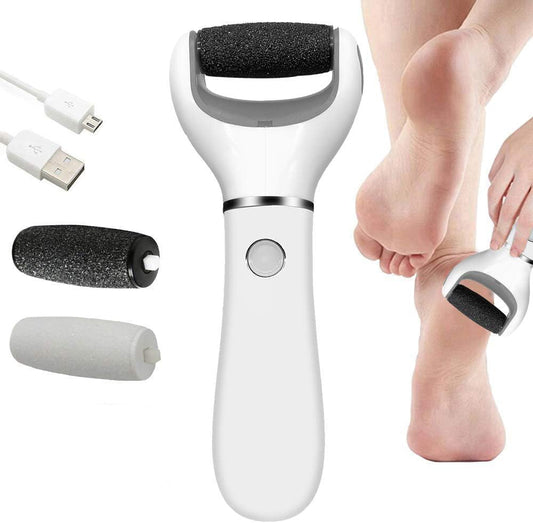 BOMPOW Electric Foot Scrubber Foot File Hard Skin Remover Pedicure Tools Electronic Callus kit for Cracked Heels and Dead Skin with 2 Roller Heads, White