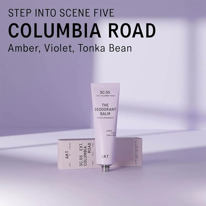 AKT, THE DEODORANT BALM. Award winning, multi-use, natural deodorant. Plastic Free. Gender Free. Aluminium Free. 100% effective — 1 tube lasts up to 3 months. SC.05 COLUMBIA ROAD 50ml/1.76 FL.OZ